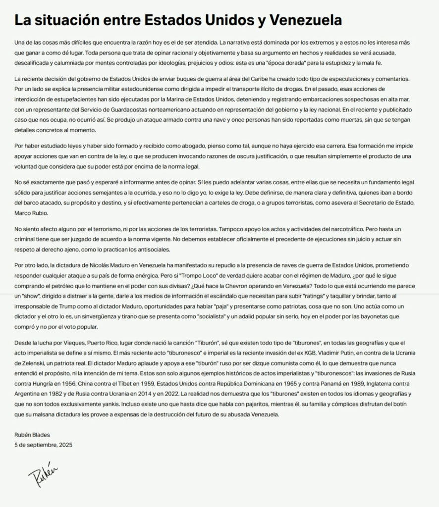 Cuando la música habla de política: la visión de Rubén Blades Claridad en la tormenta EEUU–Venezuela: la opinión de Rubén Blades.