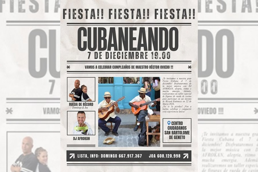 Fiesta cubana exclusiva el siete de diciembre: música, rueda y celebración El siete de diciembre, derroche de cubanía en el Centro Ciudadano de San Bartolomé de Geneto.